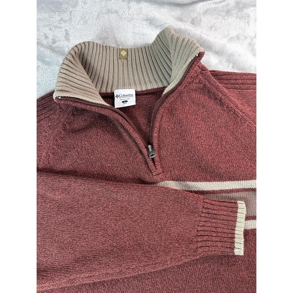Columbia Sweater Mens Large Burgundy Tan Quarter Zip Mock Neck Stripe Knit